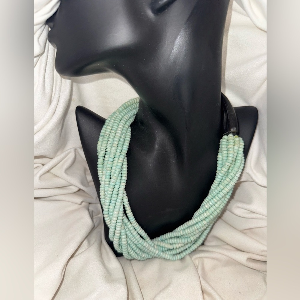 Vintage Amazonite Heishi Beaded Necklace w/ Hand Carved Horn Toggle Clasp